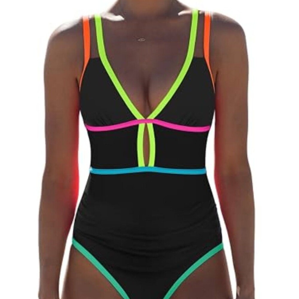 popvil Women One Piece Cutout Neon Color Block Bathing Suit L